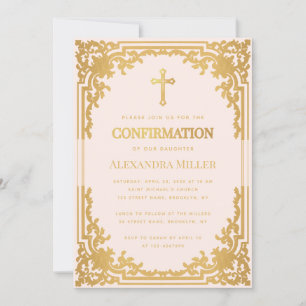 Invitation Fille confirmation rose faux or religieux vintage
