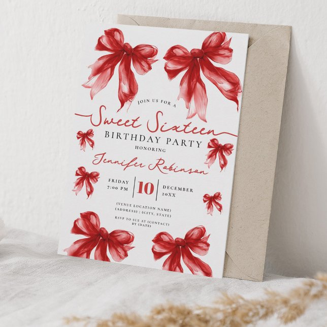 Invitation Fille Coquette Arc Édulcoré 16 Anniversaire Fête R (Girly Coquette Bow Sweet 16 Birthday Party Red Invitation)