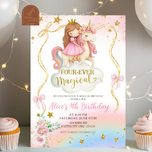 Invitation Fille Coquette Arc-en-Ciel Licorne Magique Anniver