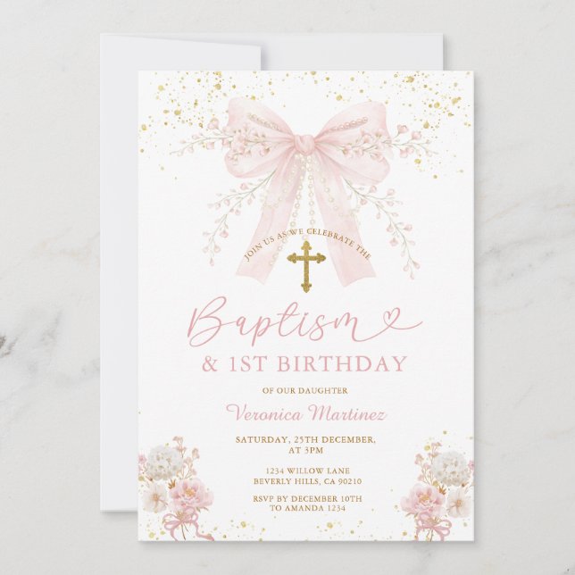 Invitation Fille Coquette Arc Rose Baptême et Anniversaire (Devant)