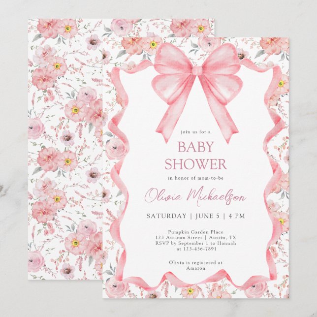 Invitation Fille Coquette Baby shower de bow à ruban rose Flo (Devant / Derrière)