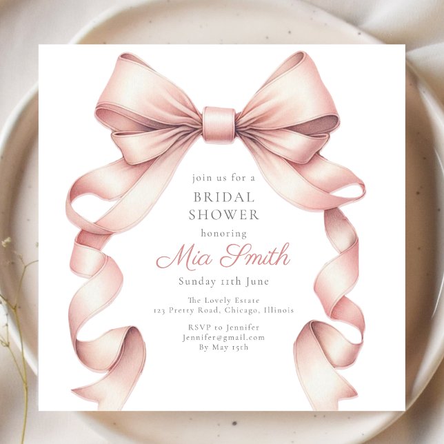 Invitation Fille Coquette Blush Aquarelle Bow Fête des mariée (Elegant pink bow bridal shower invitation honoring the bride to be. Customize for a chic celebration)