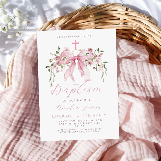 Invitation Fille Coquette Fleurale Ruban Rose Baptême  (Créateur téléchargé)