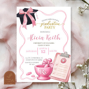 Invitation Fille Coquette Rose à Ruban RX Diplôme de Pharmaci