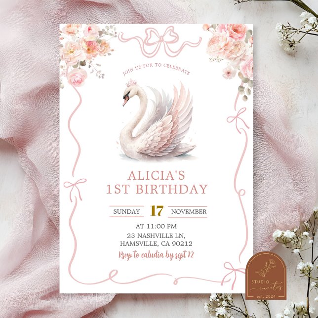 Invitation Fille Coquette Rose Couronnée Anniversaire Cygne  (Créateur téléchargé)