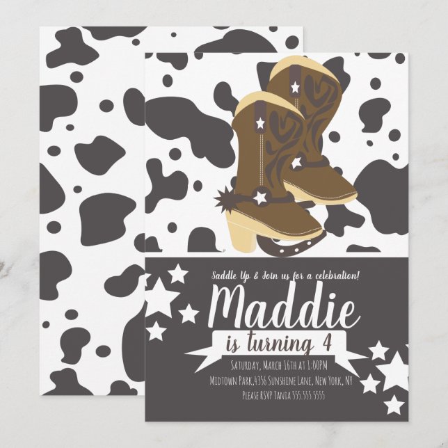 Invitation Fille Cowboy Anniversaire Imprimé Vache Marron (Devant / Derrière)