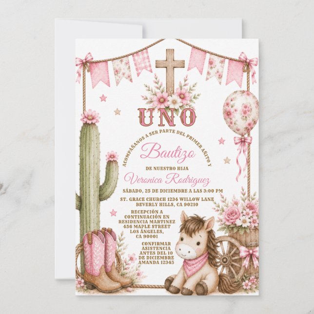 Invitation Fille Cowboy espagnol Uno baptême & 1er anniversai (Devant)