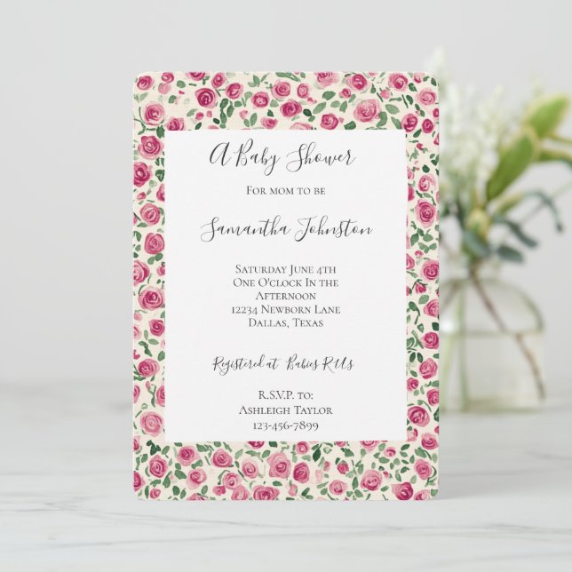 Invitation Fille Crème rose Chic Baby shower Floral (Debout devant)