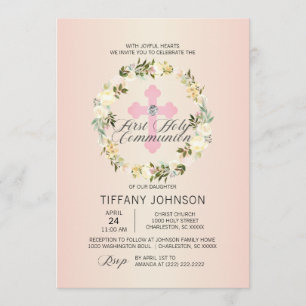 Invitation FILLE croisée rose florale de première sainte