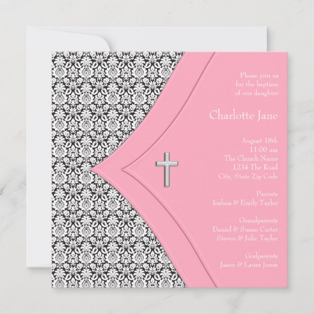 Invitation Fille Damas rose et noire Baptême Christening (Devant)
