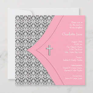 Invitation Fille Damas rose et noire Baptême Christening
