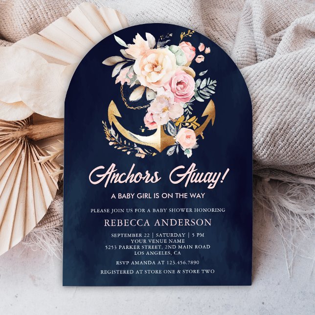 Invitation Fille d'ancre florale Bohème Naissance Bébé Marine (Créateur téléchargé)
