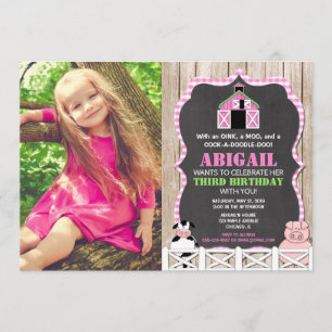 Invitation Fille d'animaux de ferme roses