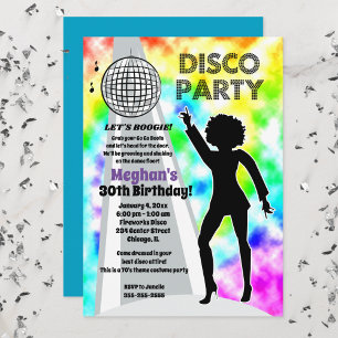 Invitation Fille d'anniversaire arc-en-ciel disco tie-dye rét