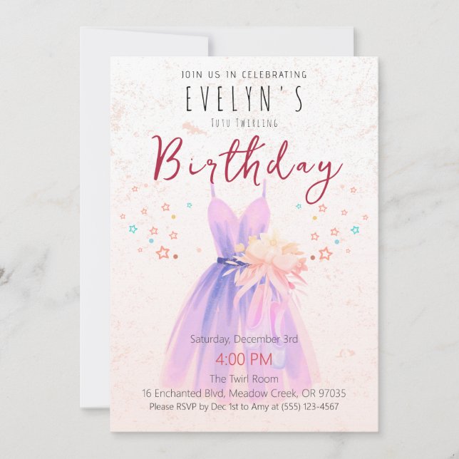 Invitation Fille d'anniversaire ballerine tutu rose fête de d (Devant)