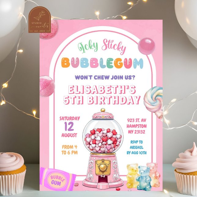 Invitation Fille d'anniversaire bonbon Bubble Gum Rose (Créateur téléchargé)