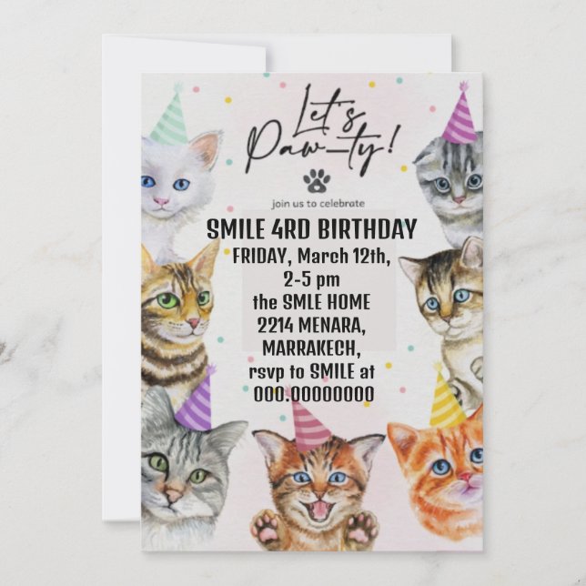 Invitation fille d'anniversaire chat filles chats chaton chat (Devant)