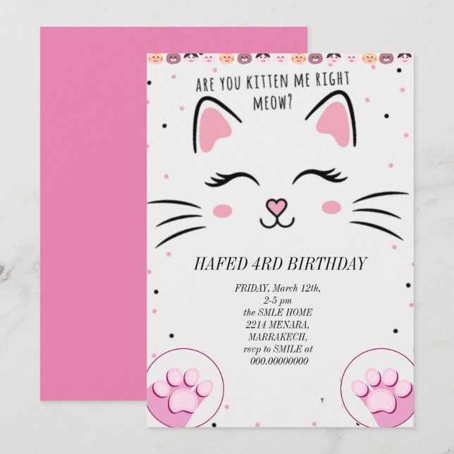 Invitation fille d'anniversaire chat filles chats chaton mign (Devant / Derrière)