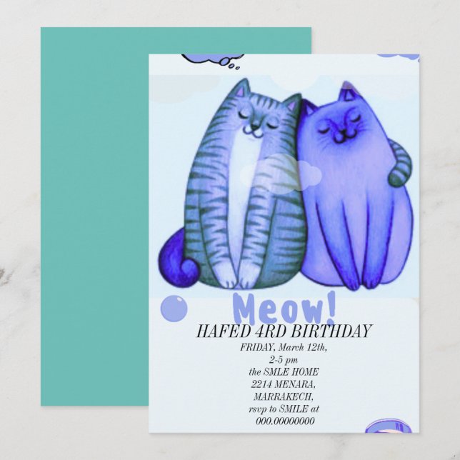 Invitation fille d'anniversaire chat filles chats chaton mign (Devant / Derrière)