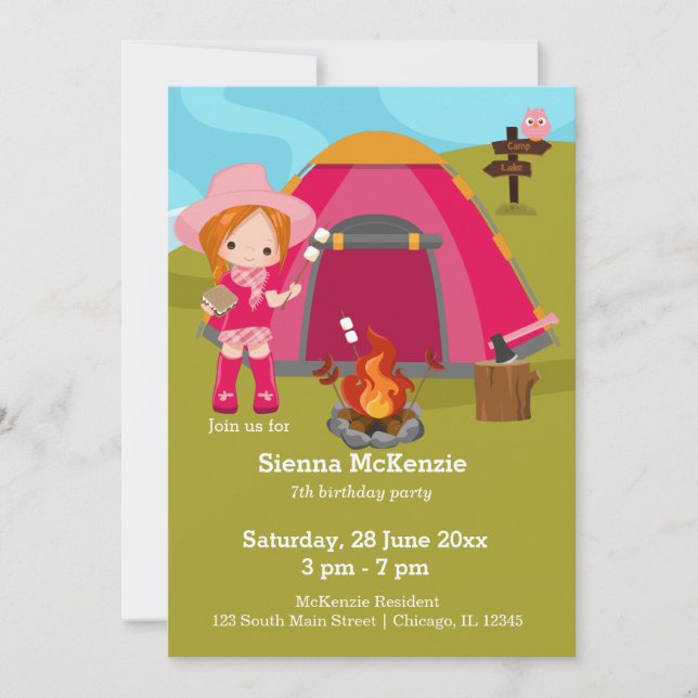 Invitation Fille d'anniversaire de camping (Devant)