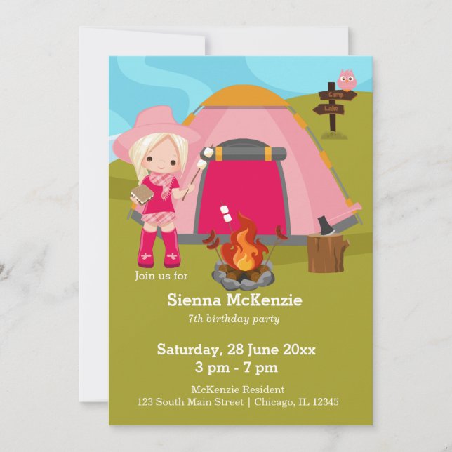 Invitation Fille d'anniversaire de camping (Devant)