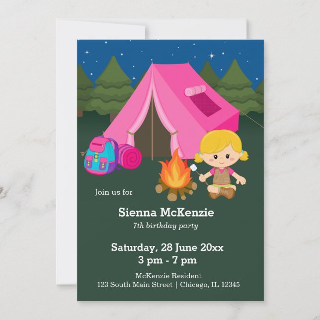 Invitation Fille d'anniversaire de camping (Devant)
