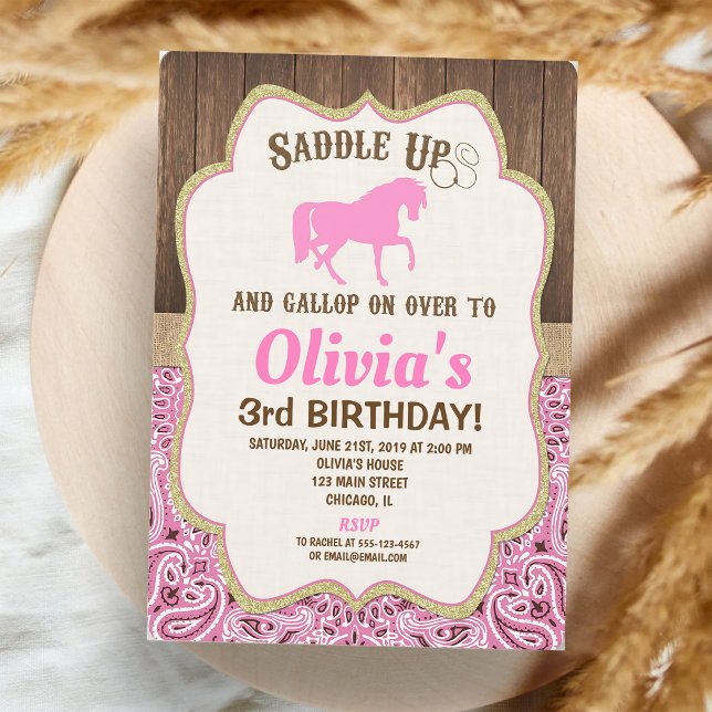 Invitation Fille d'anniversaire de cheval rustique or rose (Créateur téléchargé)