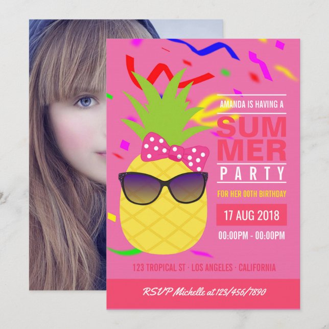 Invitation Fille d'anniversaire de fête tropicale rose estiva (Devant / Derrière)