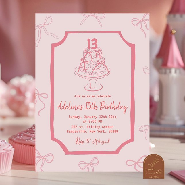 Invitation Fille d'anniversaire de gâteau à arc rose dessiné  (Créateur téléchargé)