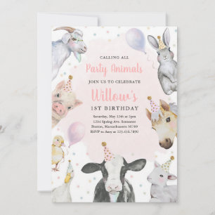 Invitation Fille d'anniversaire de la grange rose Animaux de