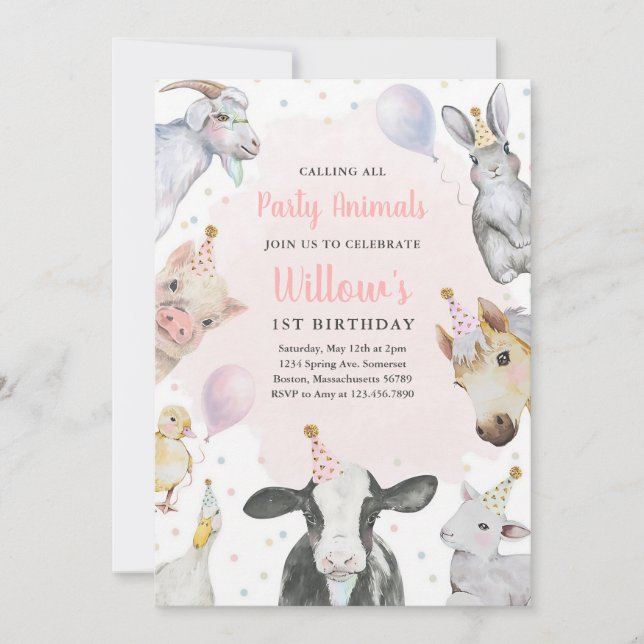 Invitation Fille d'anniversaire de la grange rose Animaux de  (Devant)