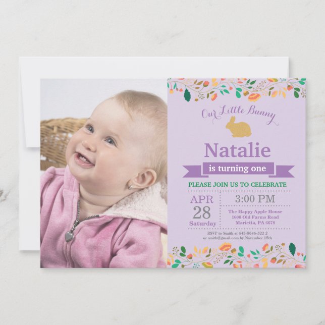 Invitation Fille d'anniversaire de lapin Œuf de Pâques 1er Pr (Devant)