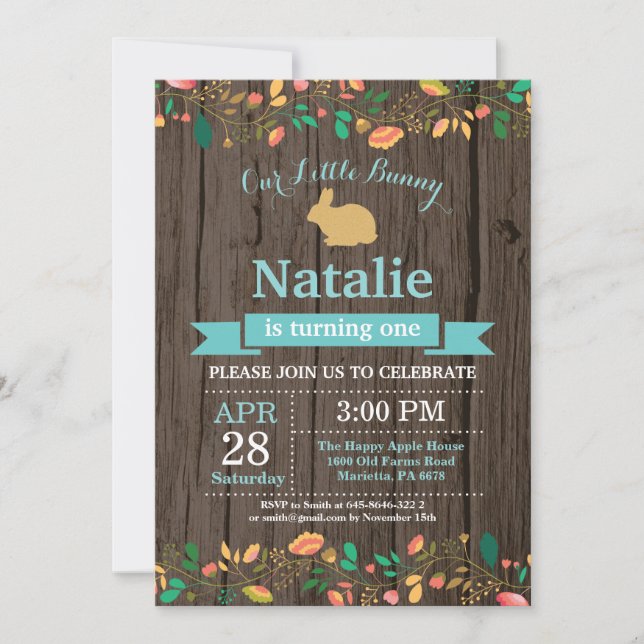 Invitation Fille d'anniversaire de lapin Œuf de Pâques 1er Pr (Devant)