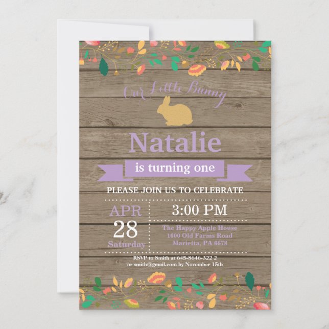 Invitation Fille d'anniversaire de lapin Œuf de Pâques 1er Pr (Devant)