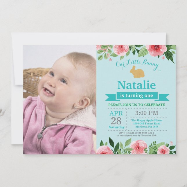 Invitation Fille d'anniversaire de lapin Œuf de Pâques 1er Pr (Devant)