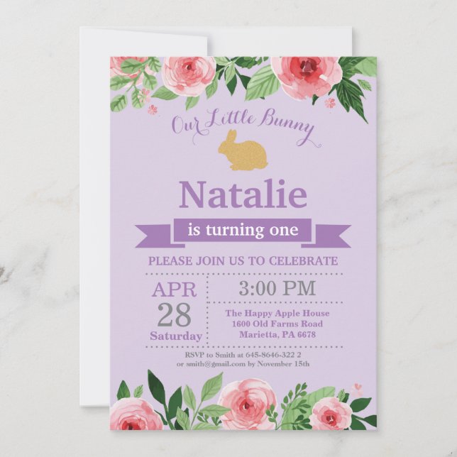 Invitation Fille d'anniversaire de lapin Œuf de Pâques 1er Pr (Devant)