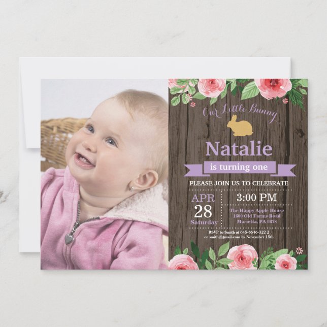 Invitation Fille d'anniversaire de lapin Œuf de Pâques 1er Pr (Devant)