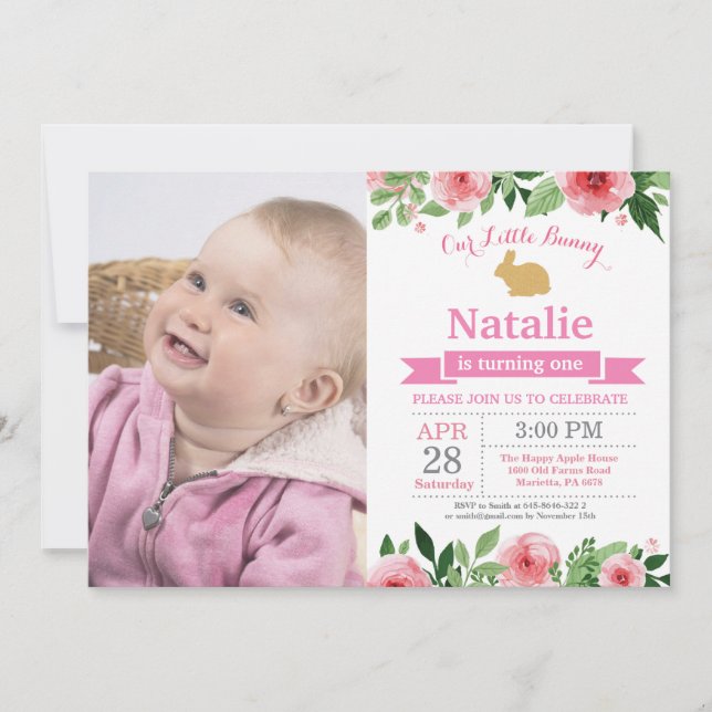 Invitation Fille d'anniversaire de lapin Œuf de Pâques 1er Pr (Devant)