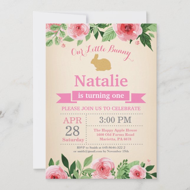 Invitation Fille d'anniversaire de lapin Œuf de Pâques 1er Pr (Devant)