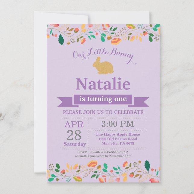 Invitation Fille d'anniversaire de lapin Œuf de Pâques 1er Pr (Devant)
