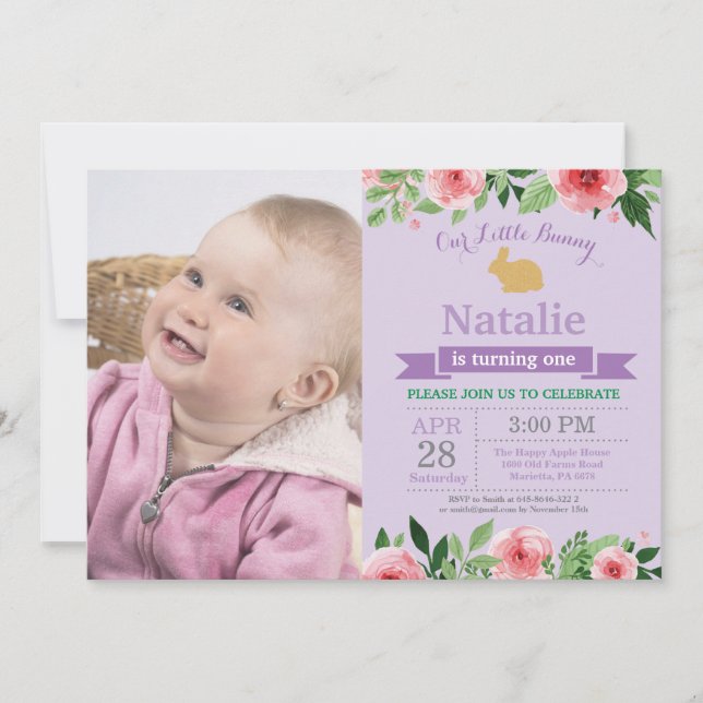 Invitation Fille d'anniversaire de lapin Œuf de Pâques 1er Pr (Devant)