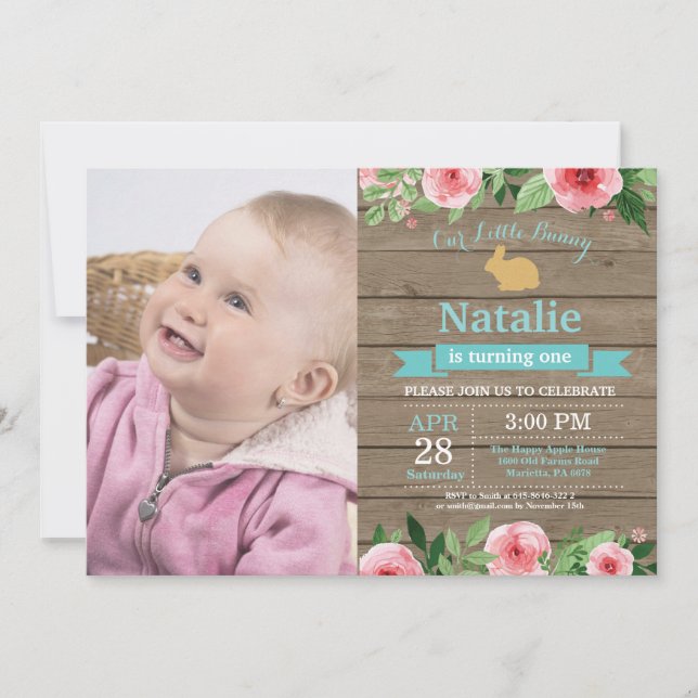 Invitation Fille d'anniversaire de lapin Œuf de Pâques 1er Pr (Devant)