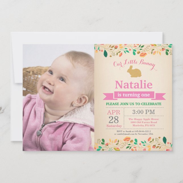 Invitation Fille d'anniversaire de lapin Œuf de Pâques 1er Pr (Devant)