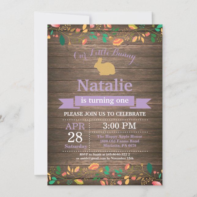 Invitation Fille d'anniversaire de lapin Œuf de Pâques 1er Pr (Devant)