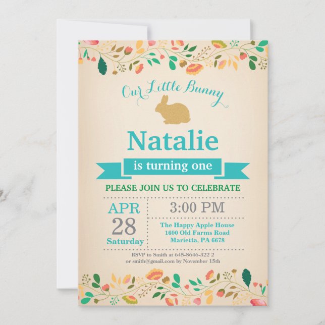 Invitation Fille d'anniversaire de lapin Œuf de Pâques 1er Pr (Devant)