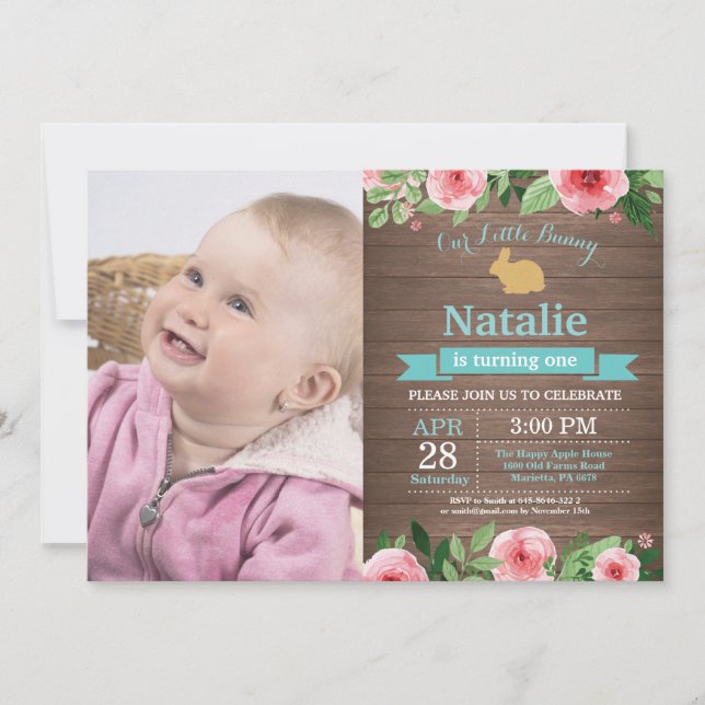 Invitation Fille d'anniversaire de lapin Œuf de Pâques 1er Pr (Devant)