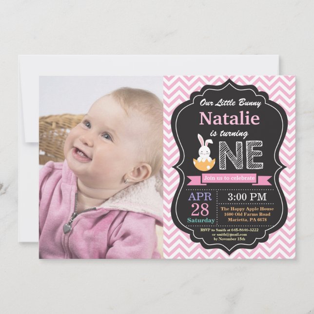 Invitation Fille d'anniversaire de lapin Œuf de Pâques 1er Pr (Devant)