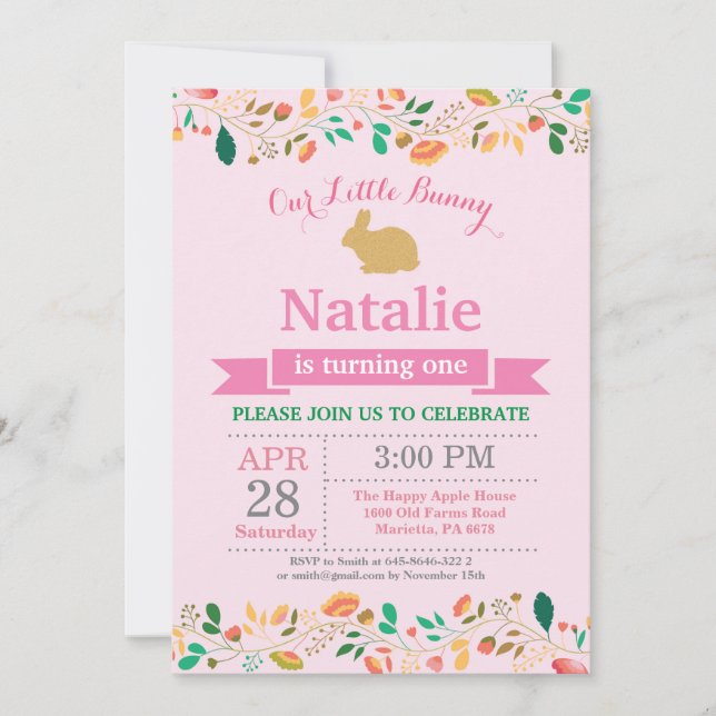 Invitation Fille d'anniversaire de lapin Œuf de Pâques 1er Pr (Devant)