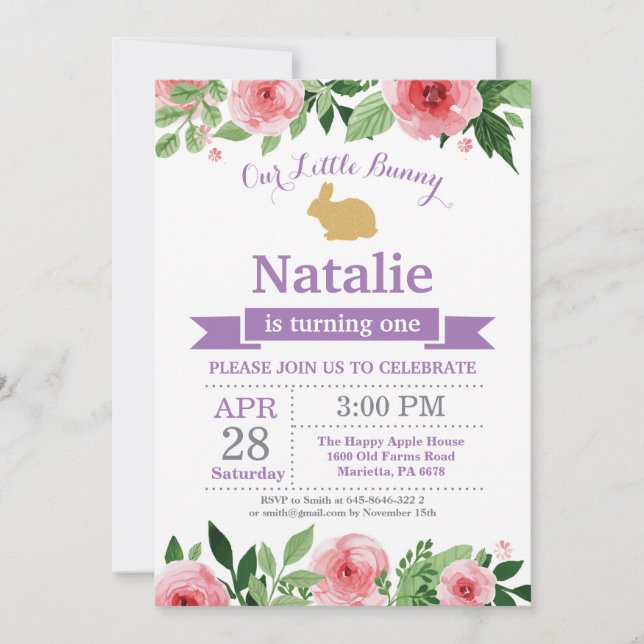 Invitation Fille d'anniversaire de lapin Œuf de Pâques 1er Pr (Devant)