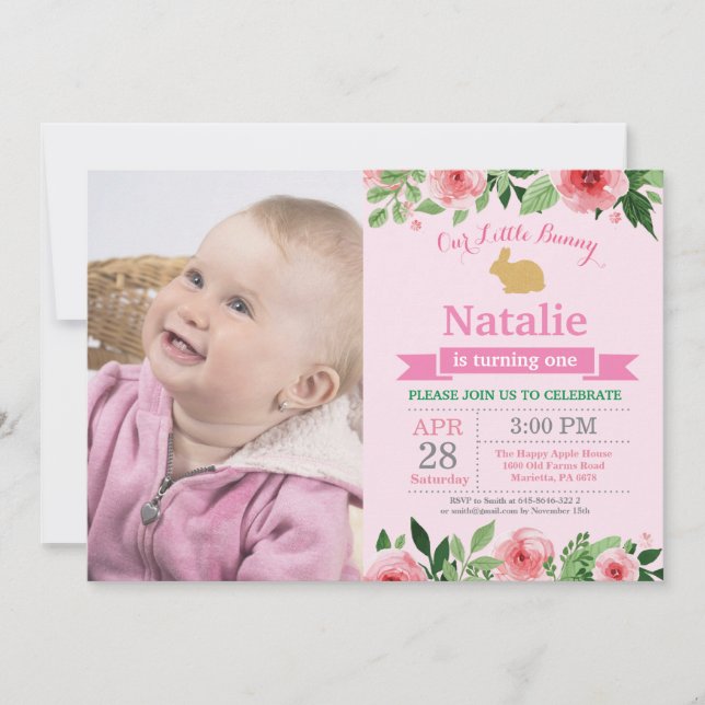 Invitation Fille d'anniversaire de lapin Œuf de Pâques 1er Pr (Devant)
